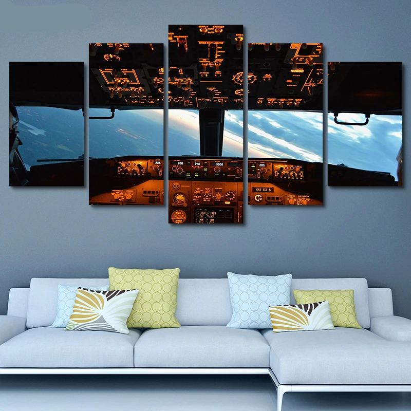 

5 Pieces Modern Wall Art Prints Aircraft Cockpit Picture Painting Home Decor Sky View for Living Room Canvas Poster Art