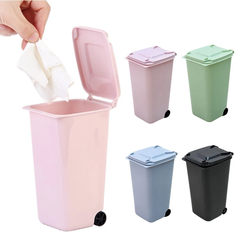 

Dustbin Wheelie Trash Can Dust Pencil Cup Plastic 4 Color Creative Sturdy Mini Trash Wheelie Bin Pen Holder Can Storage