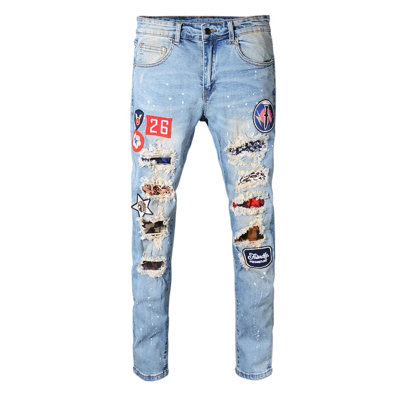 Fashion Streetwear Men Jeans Blue Color Retro Wash Slim Fit Ripped Jeans Men Destroyed Patches Designer 3