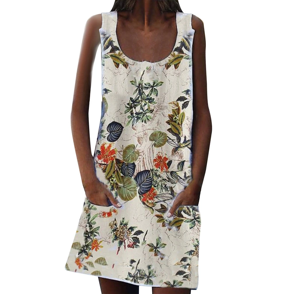 JAYCOSIN  Women Summer Vintage Print Sleeveles O Neck Dresses Pocket Casual Mini Dresses   19MAR21