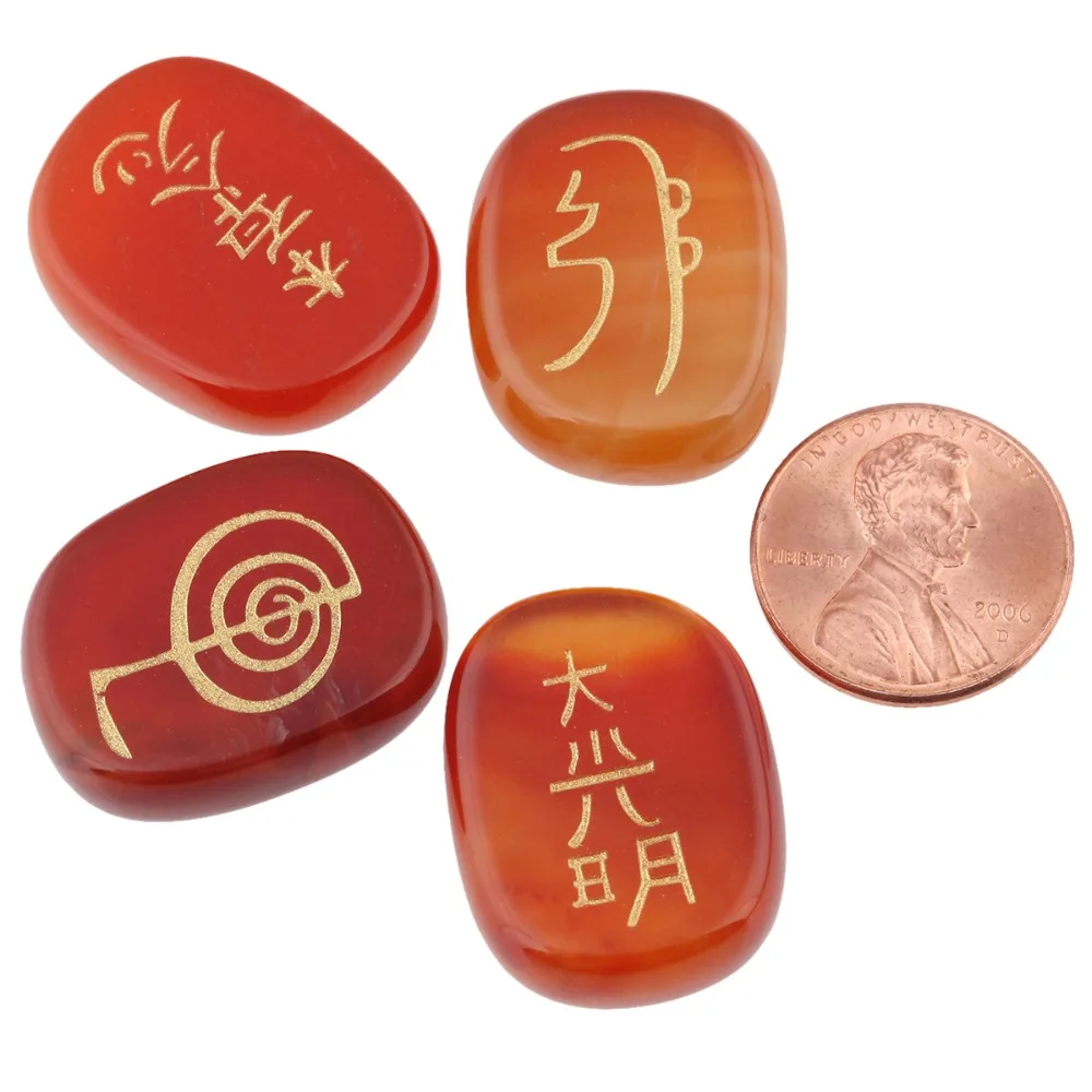 SUNYIK 4Pc/Set Healing Crystal Engraved Usui Reiki Symbols Palm Stone Chakra Balancing Meditation Jewelry Packaging