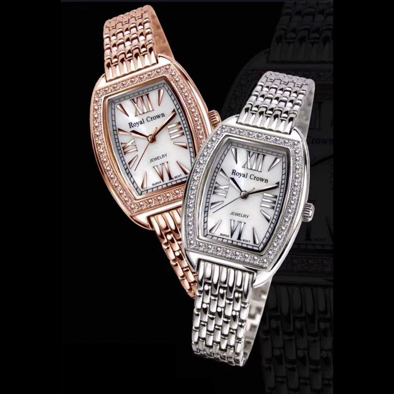 プロングセット-cz-女性の腕時計マザー-·-オブ-·-パール罰金女性時間ステンレス鋼ブレスレット時計ガールのギフトロイヤルクラウンボックス