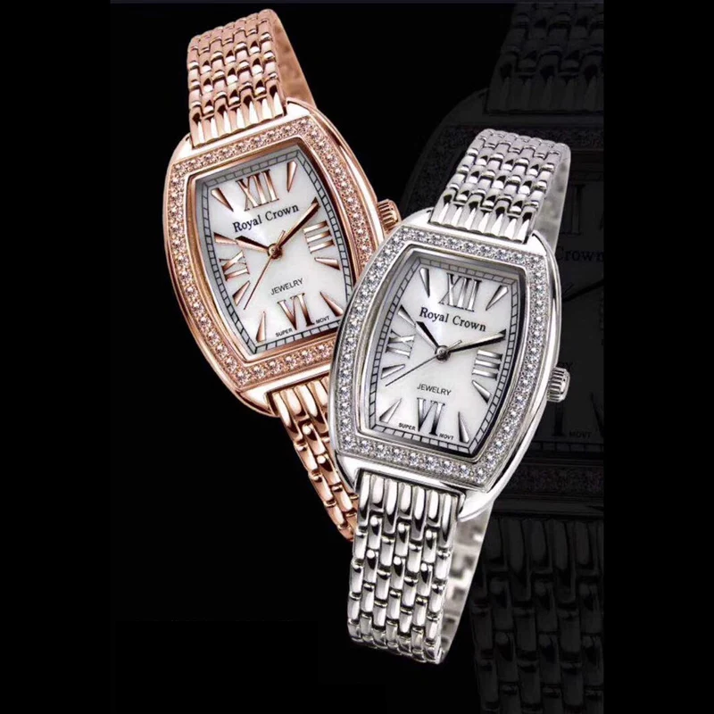 Pulseira de Aço Presente da Menina Prong Configuração Relógio Feminino Mãe-de-pérola Senhora Fina Horas Inoxidável Coroa Real Caixa cz