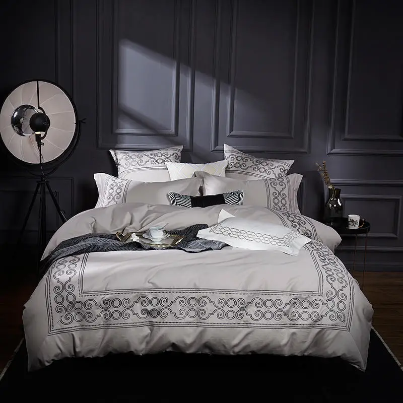 

Queen King size Grey Blue Bedding Set Luxury Egyptian Cotton Embroidery Bed set Duvet cover Fitted sheet Bed sheet linge de lit