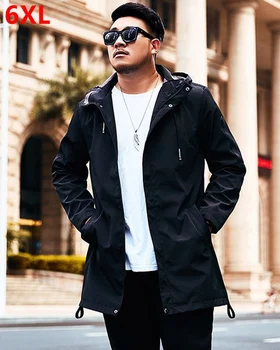 

Spring new style brand big size windbreaker 130kg hooded Trench male to increase the length of the handsome casual jacket