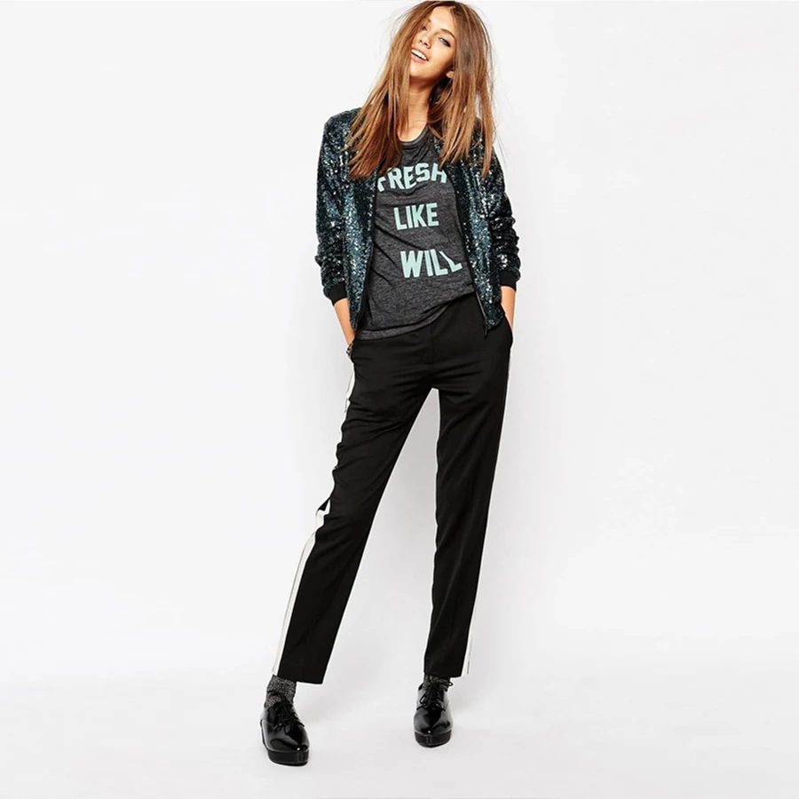 Autumn Women Sequin Coat Blue Bomber Jacket Long Sleeve Zipper Streetwear Jacket Preppy Loose Casual Basic Coat Casaco Feminino