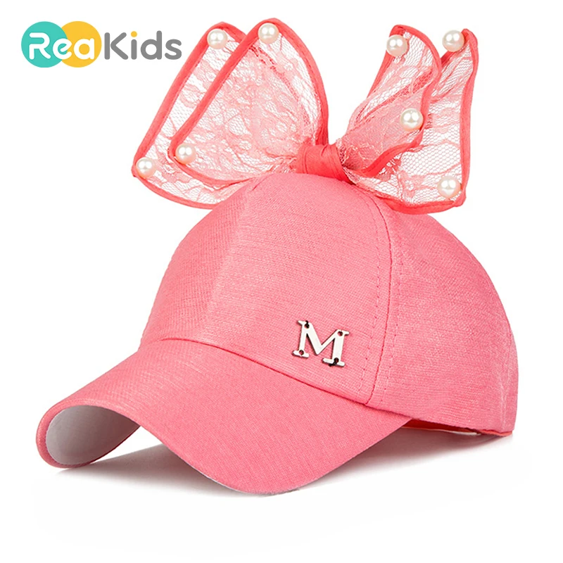 

REAKIDS Baby Baseball Cap Children Pearl Bow Snapback Caps Princess Girls Sun Hat For Baby Girls Cap gorro infantil Kids Hat