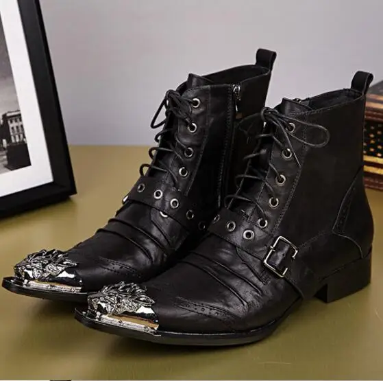 New Winter Shoes Genuine leather Men Lace Up Pointed Toe Metal Tip Men