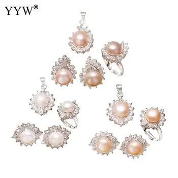 

Natural Cultured Freshwater Pearl Jewelry Sets Stud Earring Pendant Ring Flower Adjustable Ring Earrings Wedding Bridal Sets