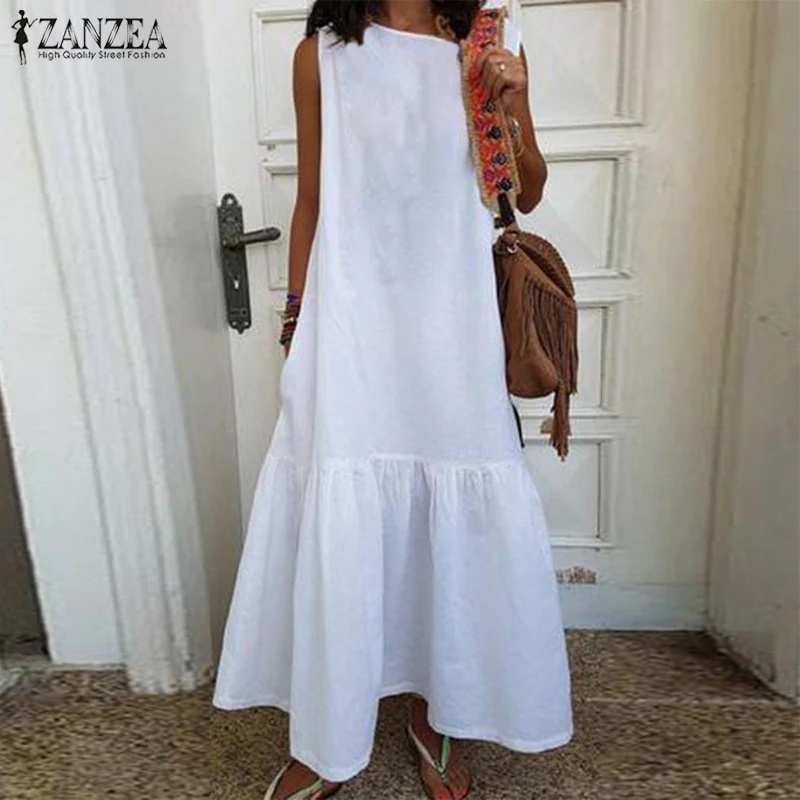 

2019 Plus Size ZANZEA Fishtail Dress Summer Women Casual Solid Sleeveless Cotton Party Loose Long Maxi Sundress Dresses Femme