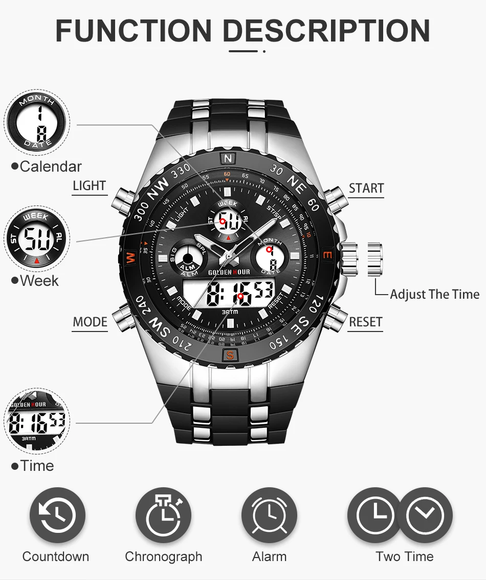 GOLDENHOUR Männer Sportuhren Analog Digital Dual Display Mann Outdoor Militär Schwarz Gummi Armbanduhr Leuchtend_voghion.com