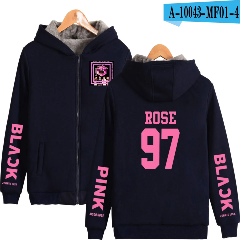 navy blue KELUOXIN Kpop Blackpink Member Rose толстовки женские зимние теплые толстовки на молнии хип-хоп K-pop вентиляторы молния куртка Пальто 4XL - Цвет: navy blue