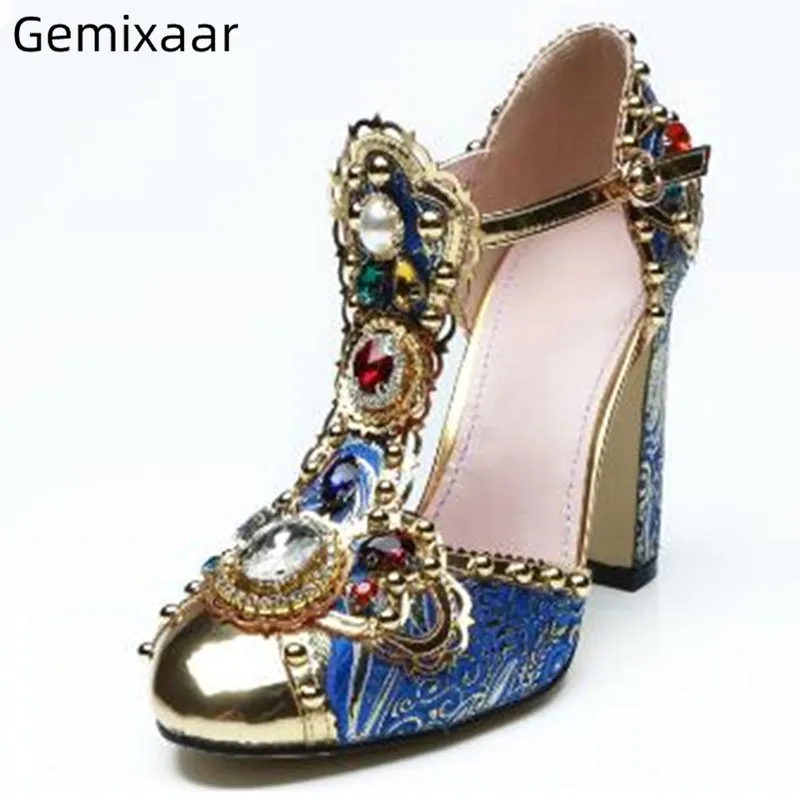 

New Sexy Blue Satin Color Crystal Woman Shoes T-strap Square Heel Decor Golden Embroidary Pumps Runway Luxury High Heel Sapatos