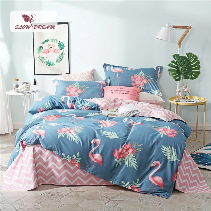 SlowDream طيور النحام الوردي طقم سرير الأزرق اليورو المفرش الفاخرة حاف غطاء سرير مزدوج ملاءات البياضات الملكة الملك الكبار أغطية