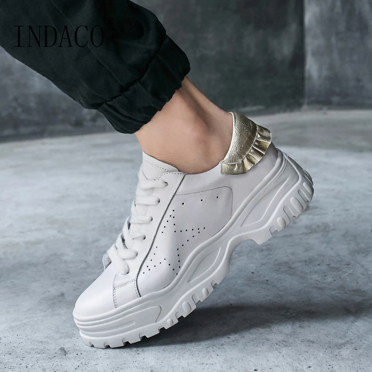 

Women Sneakers Ruffules Leather White Shoes 2019 Autumn Casual Shoes 5.5cm