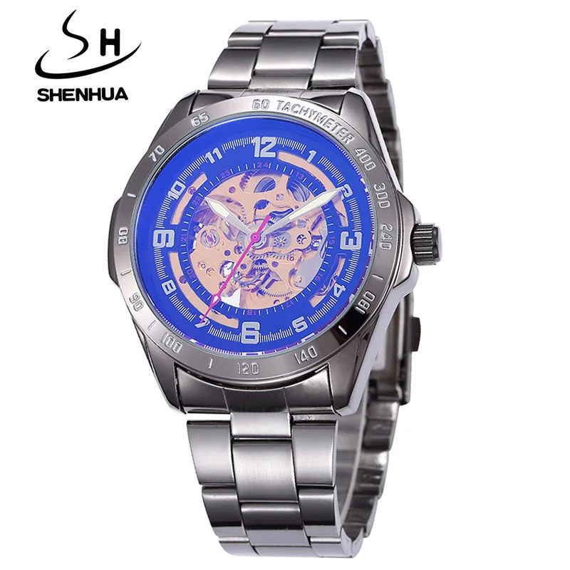 

Luxury Men Automatic Mechanical Watches Brand SHENHUA High Quality Alloy Blating Black Skeleton Self Wind Wrist Watch Waterproof