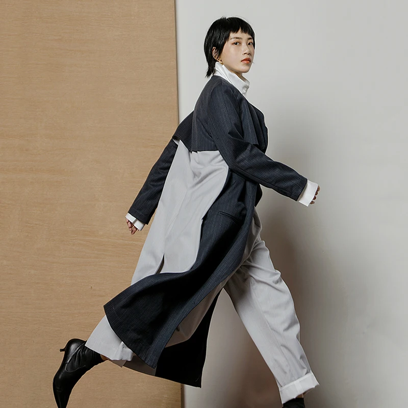 Longue Revers eam Coupe Frappé Nouveau 2019 Manches Veste Rayé Marée Femmes De À Couleur Printemps Longues Dark Blue Mode Foncé vent Bleu Jh925 t4r4q7wO
