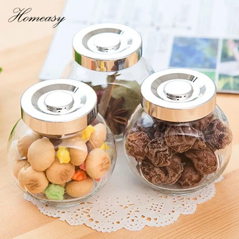 

Homeasy 5 pcs/lot 9x8.5cm Empty Glass Bottles With Silver Cap Clear Transparent Glass Jars Containers for Flavors and Dry Fruit