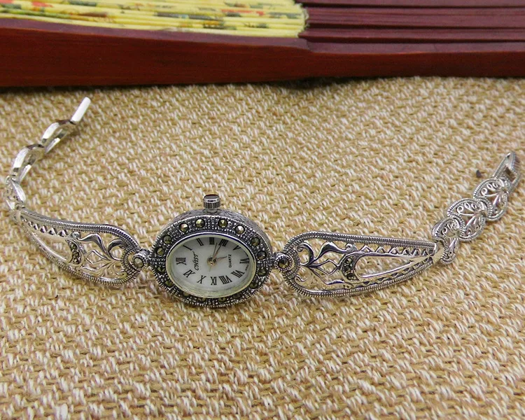 Аутентичные S925 стерлингового серебра ретро тайские серебряные часы винтажные Модные женские серебряные съемные секции браслет