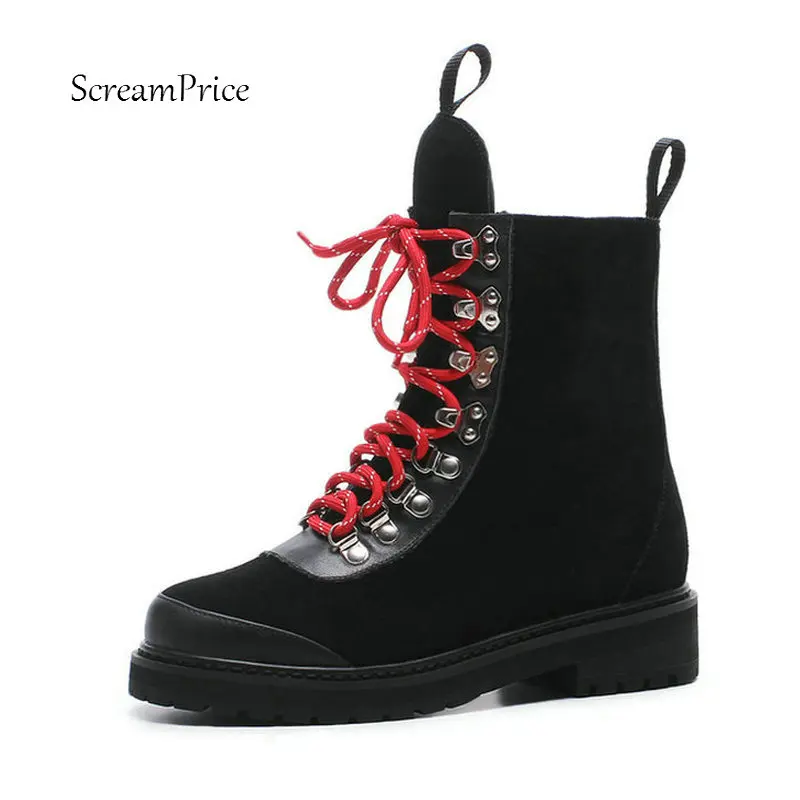 

Suede Platform Comfort Square Heel Woman Ankle Boots Fashion Lace Up Party Shoes Woman Black Brown