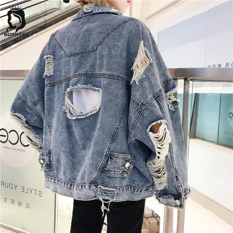 

Harajuku Vintage Frayed Women Denim Jackets Loose Bat Sleeved Pockets Trendy Casual Students Chic Womens Jacket Korean Style