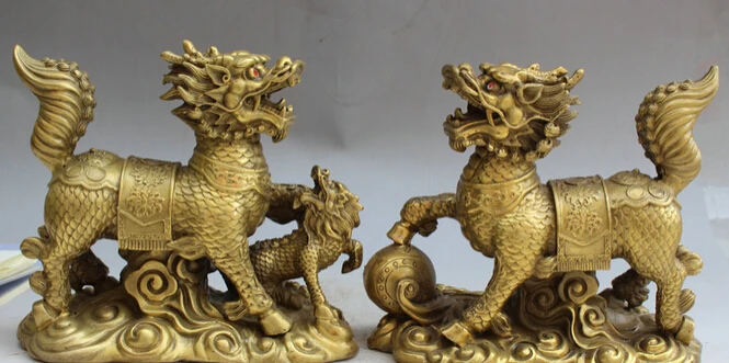 

JP S62 8" Chinese Brass Dragon Beast Kylin Chi-lin Qilin ball Son Statue sculpture Pair