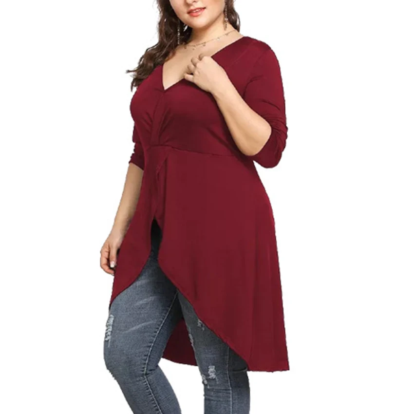 Women 's Plus Size V-neck Sexy T-Shirt Solid Long Sleeve T Shirt Ladies Tops 2019 Spring Long Tail Fashion T-Shirts Clothes Lady