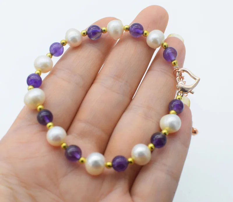 

Amethyst round and freshwater pearl white 8-9mm bracelet 7.5inch FPPJ wholesale beads nature