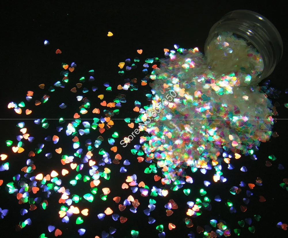 

Iridescent White Glitter Heart Shape 3MM with Colorful Purple red-Gold Green Light Tints for Nail Glitter Craft Art Decoration