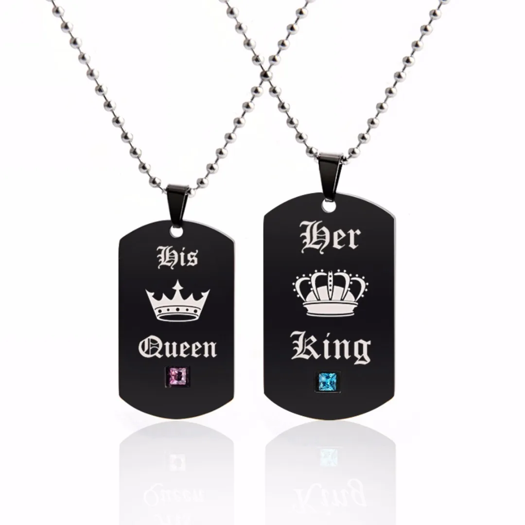 His and Her His Queen Her King Lover Couple Dog Tag Pendant Necklace Gift