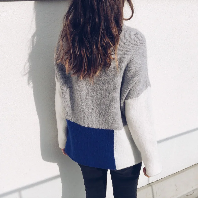 Women Knitted Sweaters Casual Stitching Ladies Tops 2018 Autumn Winter New Fashion Long Sleeve O-Neck Female Clothing Hot Sale
