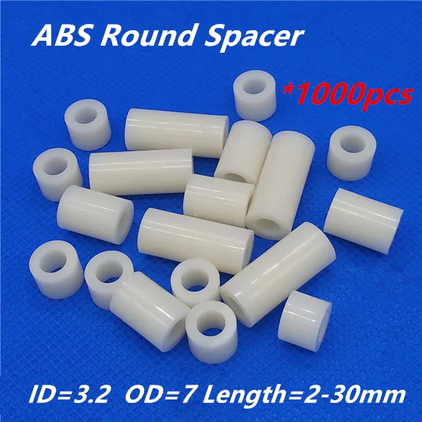 Nylon Branco Abs Redondo Oco sem Rosca Espaçador Placa Pcb Parafuso Parafuso de Arruela Longa id = 3.2 od = 1000 Peças m3 de