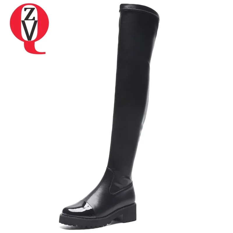 

ZVQ zapatos mujer 2019 winter new fashion square toe med hoof heels platform zipper black outside casual warm over knee boots
