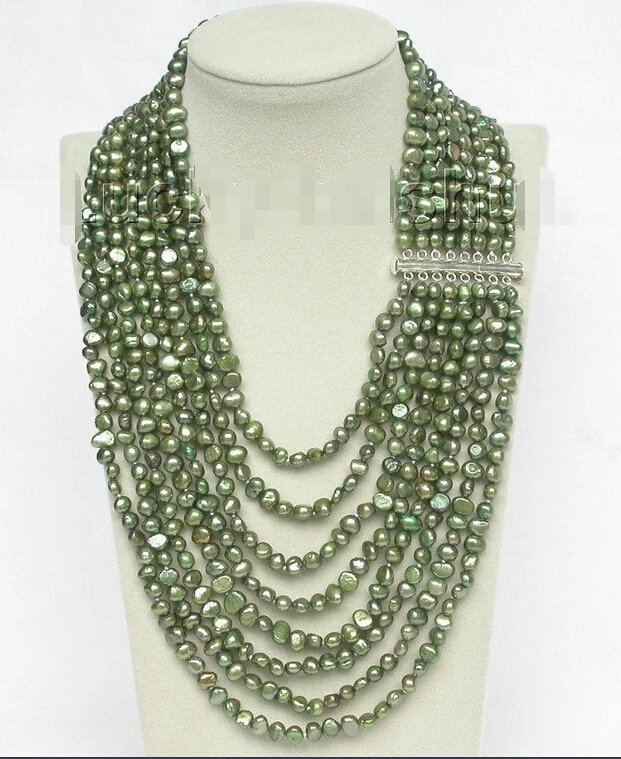 

FREE SHIPPING 17"-24" 8row baroque green pearls necklace 925 silver clasp ^^^@^Noble style Natural Fine jewe &