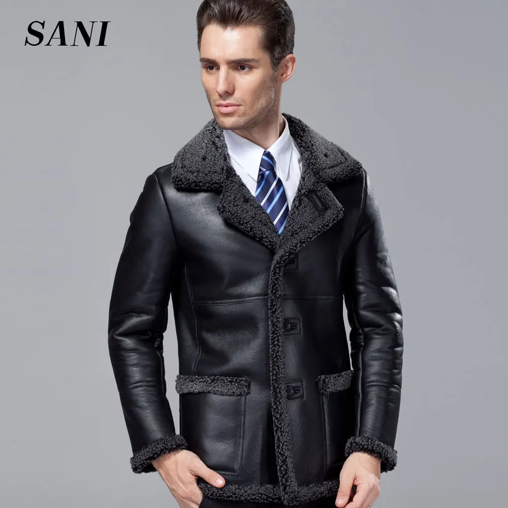 Натуральная кожаная куртка мужской овчины пальто с мехом отложным пальто с мехом Мужские натуральный мех пальто - Цвет: Черный