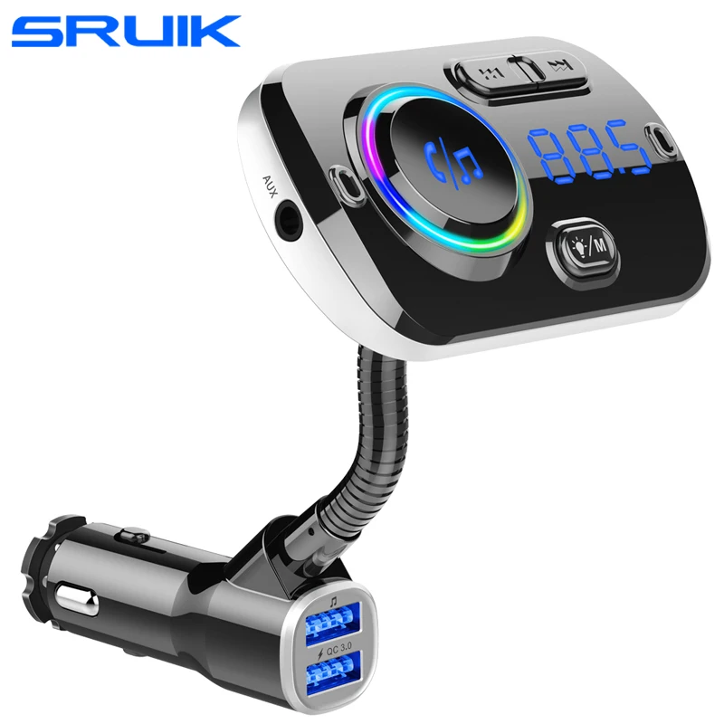 

Bluetooth 5.0 FM Transmitter for Car Wireless FM Radio Adapter Car Kit Rainbow LED Light Bluetooth Board with Remote Control