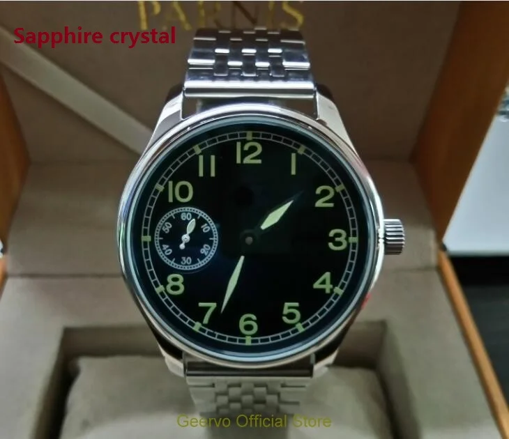 

Sapphire crystal 44mm GEERVO black dial Asian 6497 17 jewels Mechanical Hand Wind movement men's watch green luminous 05a