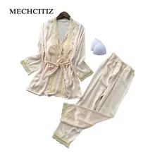 MECHCITIZ, комплект из трех предметов, атласная пижама с кружевной подкладкой, с длинным рукавом, банный халат, сексуальное женское белье с v-образным вырезом, устанавливает ночную рубашку