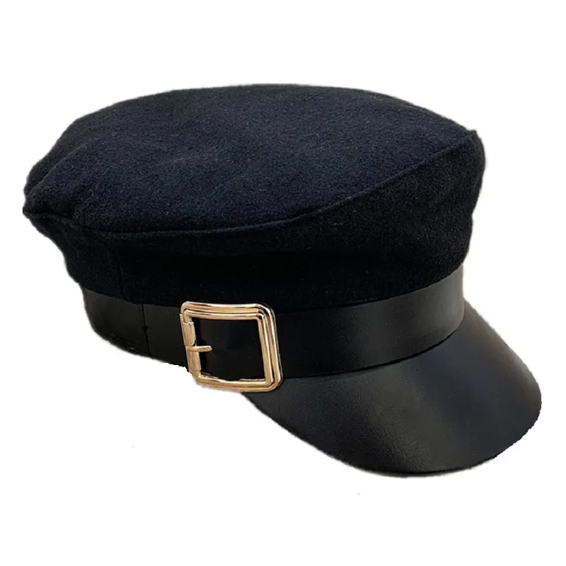 Женская винтажная плоская военная шляпа с поясом, стильная повязка на голову с металлической пряжкой, изогнутый козырек, искусственная кожа, морская Кепка Капитана, модная черная