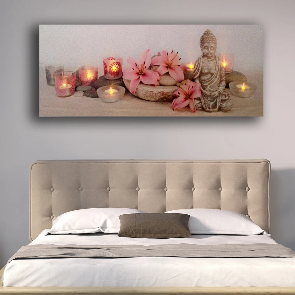 

Led wall picture pink flowers with tealight candles buddha canvas art light up decor HD painting artwork printed framed big size