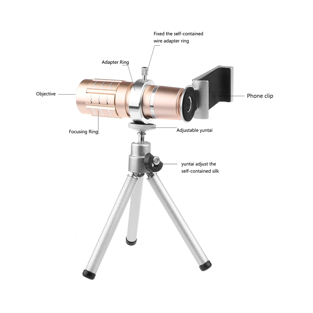 Алюминиевый 12X телефото телескоп телефон камера зум объектив со штативом универсальный зажим для смартфонов мобильные телескопы Объективы