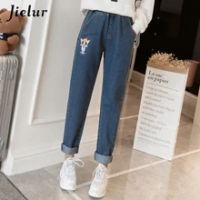 Jielur осень свободные плюс размер womenженские джинсы милые мультфильм вышитые джинсовые брюки женские модные синие джинсы для леди
