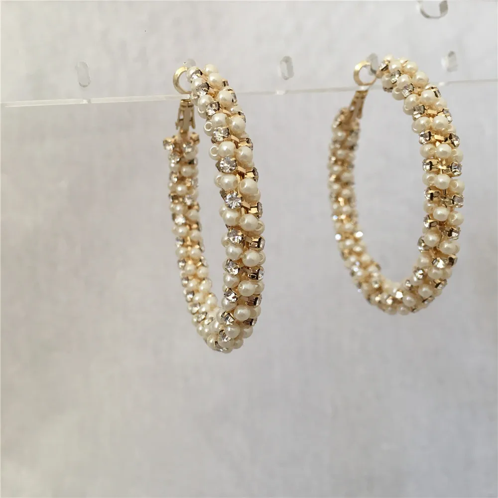 

LOVELY EARRINGS GOLD COLOR PLATING CREAM PEARL WITH STONE SPIRAL HOOP EARRING FOR WOMEN GIRL