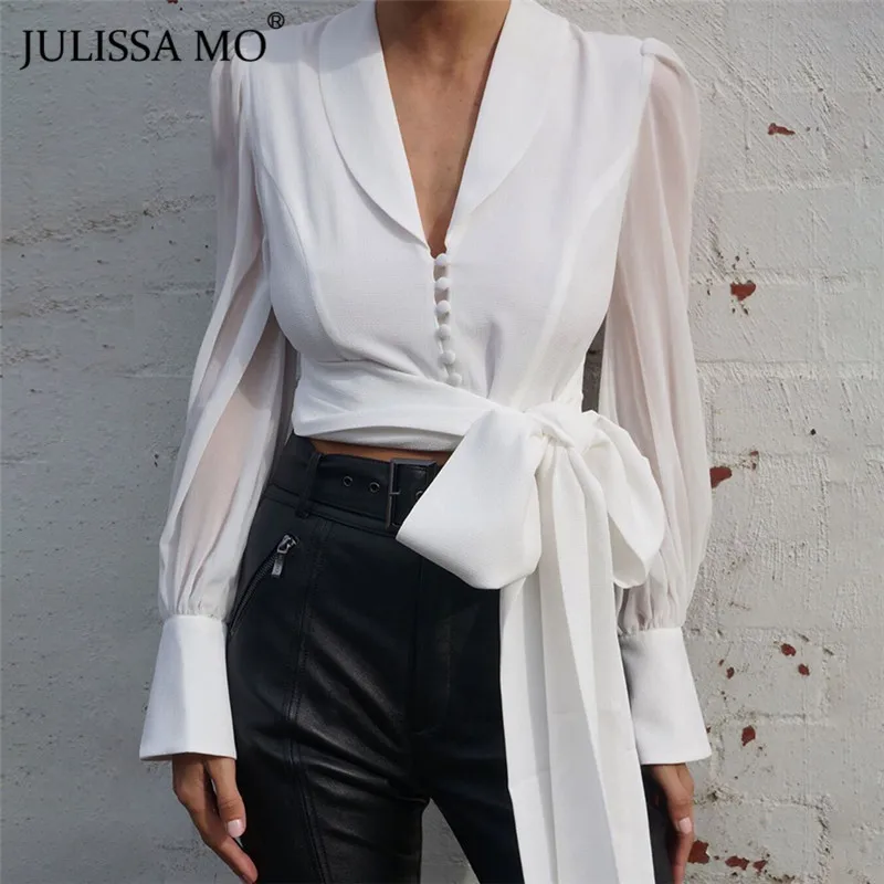 

JULISSA MO Elegant White Chiffon Blouse Women Shirt Sexy V Neck Puff Sleeve Blusas 2019 Office Lady Fashion Bandage Blouses Tops