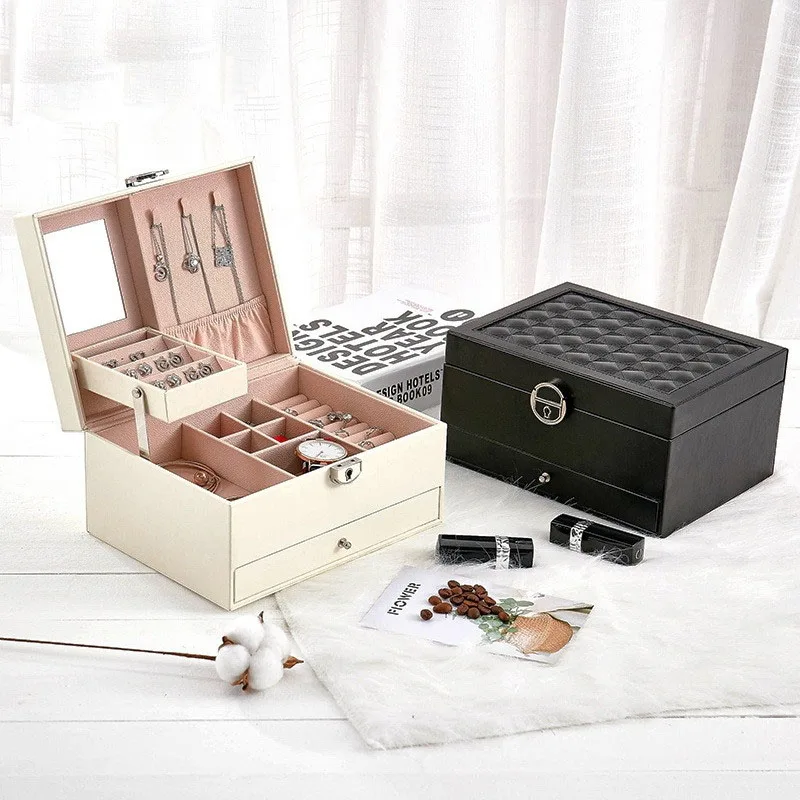 Hot Sell Black Color Leather Jewelry Package Storage Box Carrying Cases Large Space For Earring Ring Necklace Bracelet Organizer