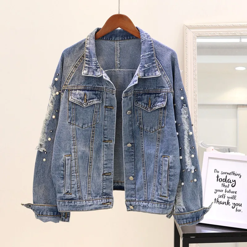 Женские джинсовые куртки 2019 Весна Harajuku корейский хип хоп куртки свободный жемчуг длинный рукав джинсовый, синие джинсы пальто модная