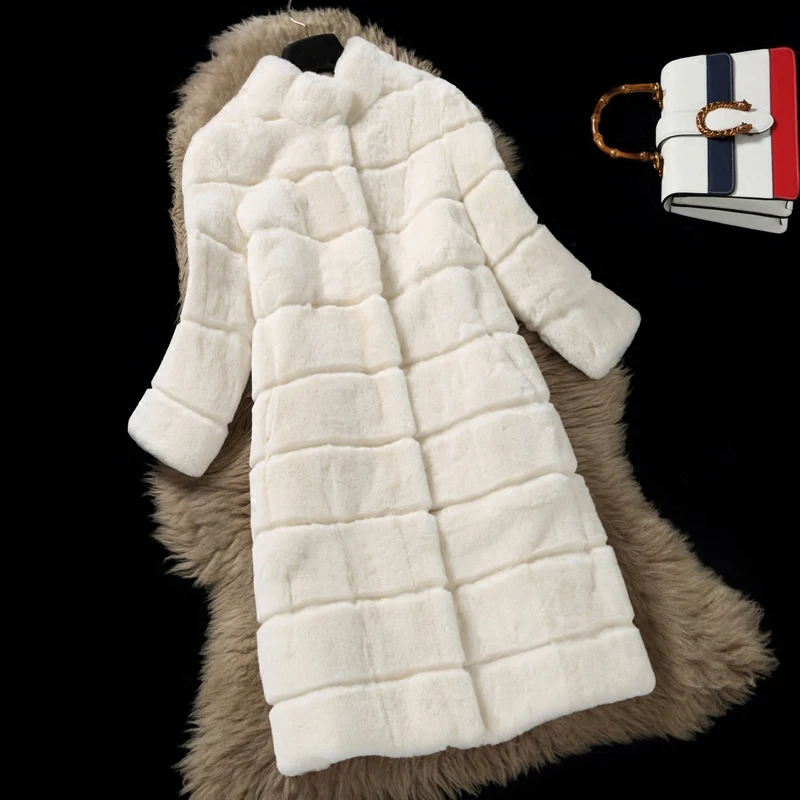 Natural Rex Rabbit Fur Coats Outerwear Women Stand Collar 3/4 Sleeve 90 ...