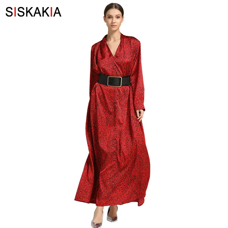 

Siskakia Elegant Leopard Print V Neck Long Dress Muslim Party Dresses Red Brief Long Sleeve Ramadan Clothes Loose Dinner Evening