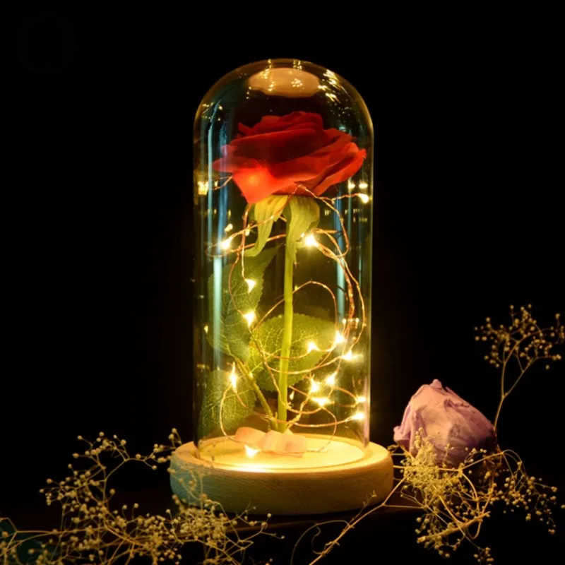 

Birthday Gift Beauty and the Beast Red Rose w/ Fallen Petals in a Glass Dome on a Wooden Base for Christmas Valentine's Gifts