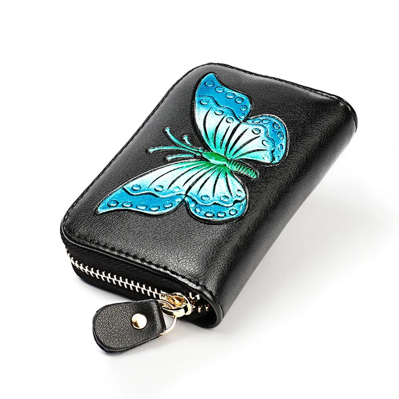 

GENMEO New Mini Genuine Leather Wallet with 3D Butterfly Printing Women Cowhide Clutch Bag with Card Holders Female Coin Purse